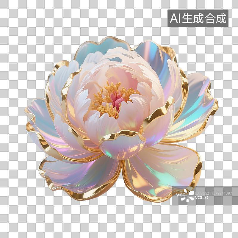 【AI数字艺术】3D渲染，激光镭射透明国风牡丹花，牡丹，金色花卉，紫色中国风植物花卉免抠元素图片素材