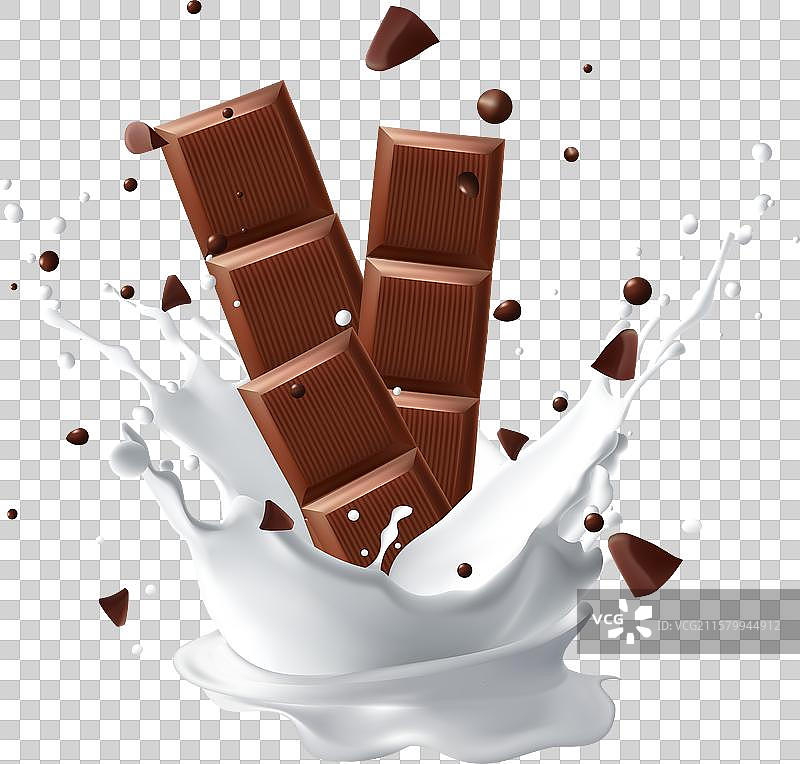 牛奶飞溅的巧克力液体和巧克力棒图片素材