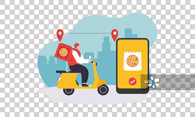 卡通披萨快递员骑着滑板车送披萨图片素材