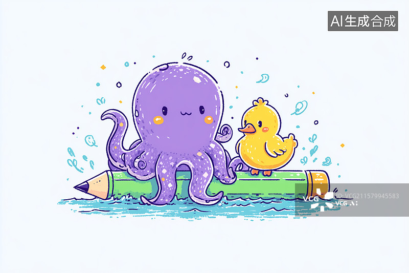 【AI数字艺术】可爱手绘风章鱼小鸭与铅笔插画图片素材