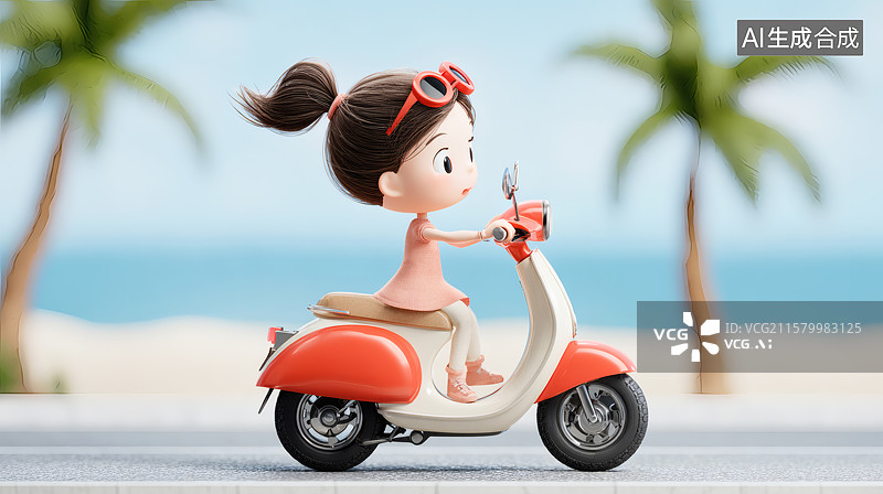 【AI数字艺术】一个小女孩骑着摩托车在海边图片素材