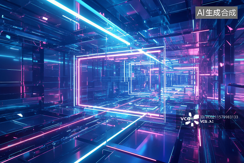【AI数字艺术】霓虹灯管构成的未来科技空间图片素材
