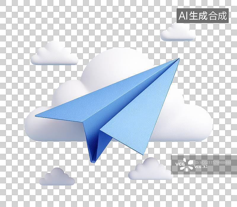 【AI数字艺术】蓝纸飞机翱翔于白云之上图片素材