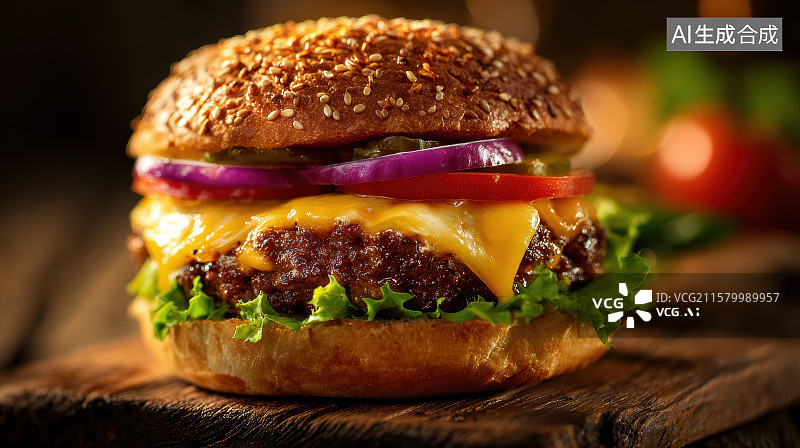 【AI数字艺术】芝香多汁牛肉汉堡特写图片素材