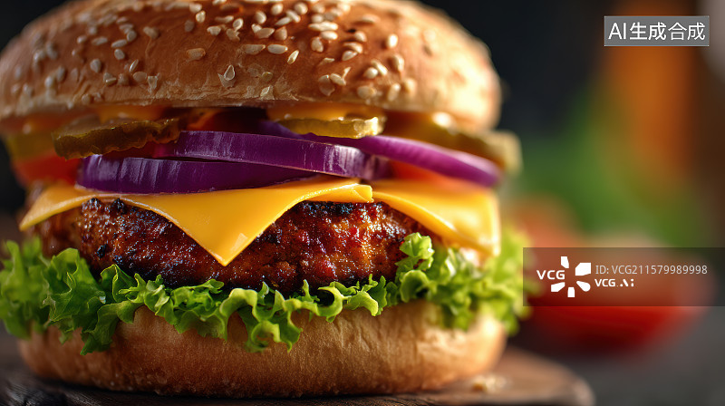 【AI数字艺术】芝香多汁牛肉汉堡特写图片素材