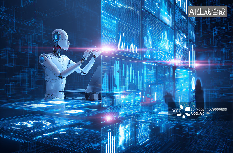 【AI数字艺术】机器人分析数据图表图片素材