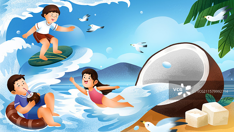手绘夏天夏季椰子水冲浪游泳创意等治愈系插画图片素材