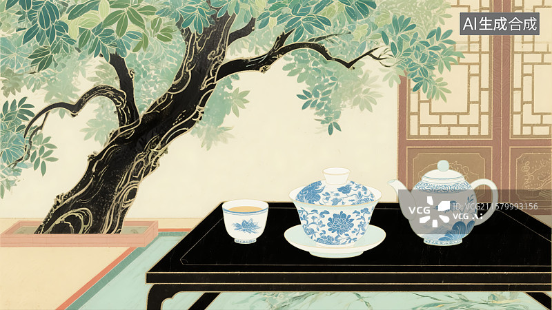 【AI数字艺术】中式室内茶席家居插画图片素材