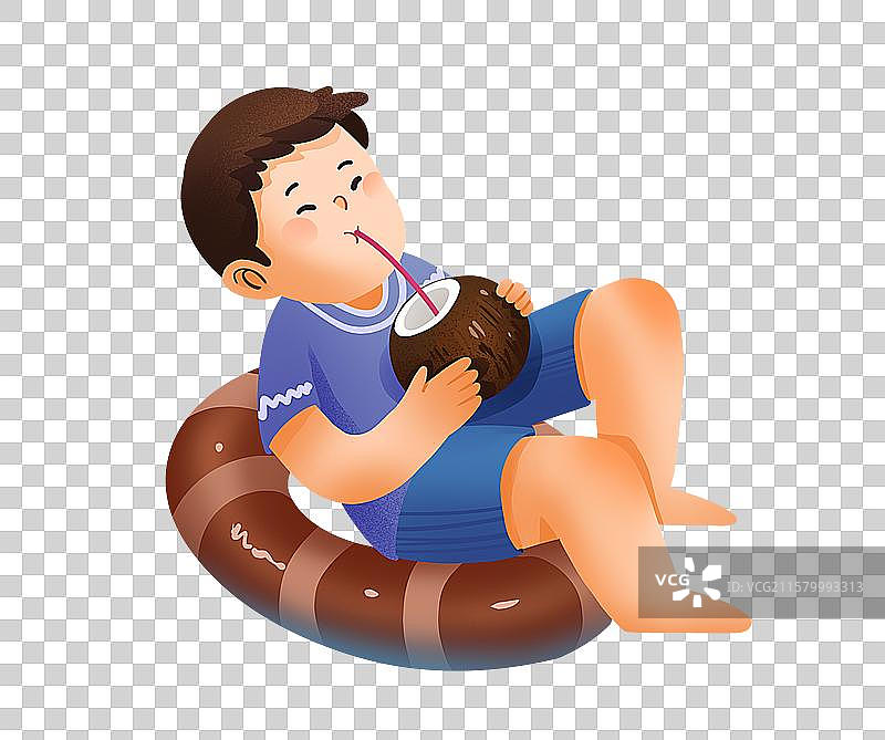 手绘噪点夏天夏季男孩坐在游泳圈上喝椰子水免抠元素图片素材