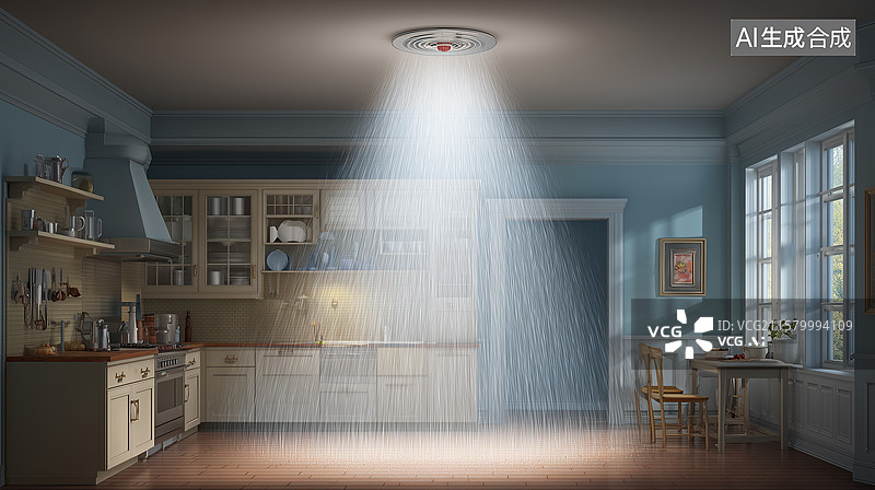 【AI数字艺术】厨房喷淋系统启动警示图图片素材