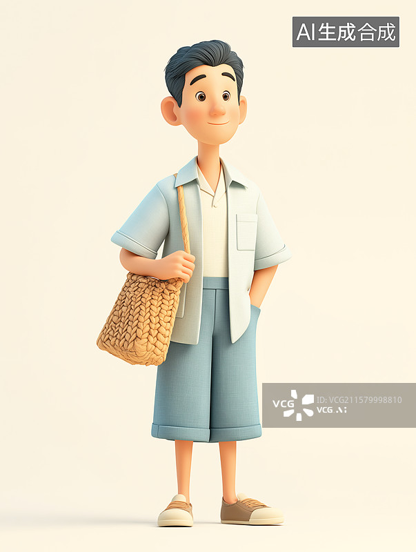 【AI数字艺术】一位男士穿棉麻衬衫短裤肩背草编包。图片素材