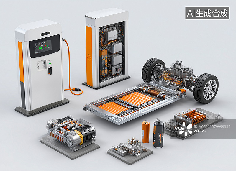 【AI数字艺术】3D渲染新能源汽车供电概念，新能源题材的汽车充电桩图片素材