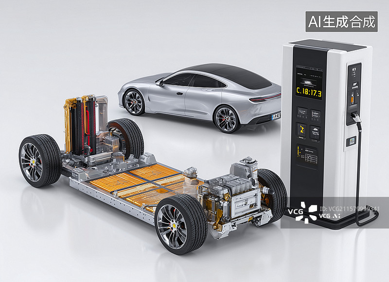【AI数字艺术】3D渲染新能源汽车供电概念，新能源题材的汽车充电桩图片素材
