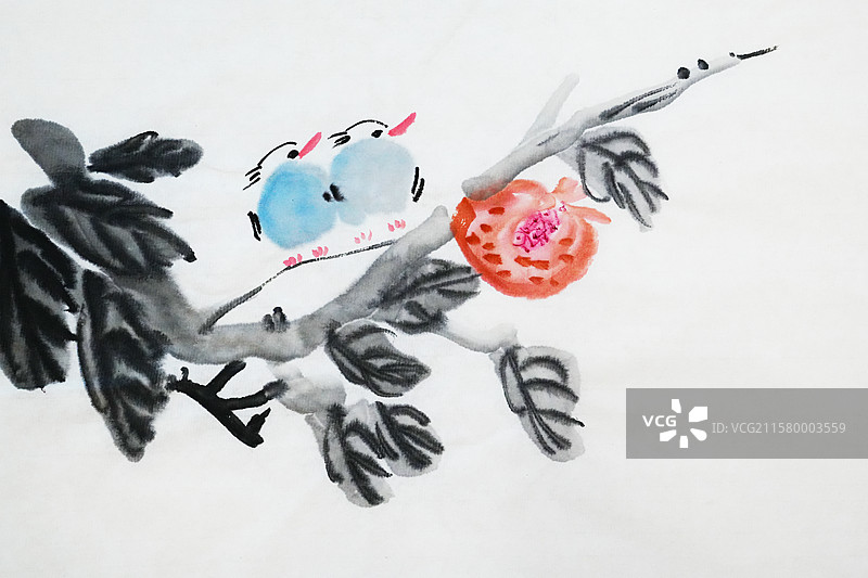 秋天 果实 石榴 树 枝 手绘插画齐白石风格中国画图片素材