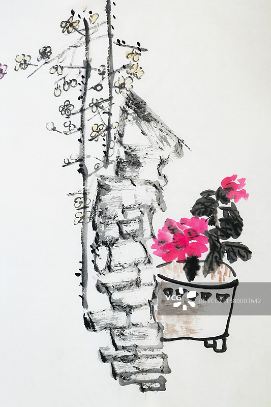 牡丹花 牡丹 花开富贵 红色 花 手绘插画齐白石风格中国画图片素材