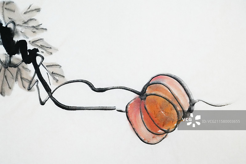 蔬菜 果实 秋天 秋分 立秋 收获 丝瓜 南瓜 营养 有机食品 手绘插画齐白石风格中国画图片素材