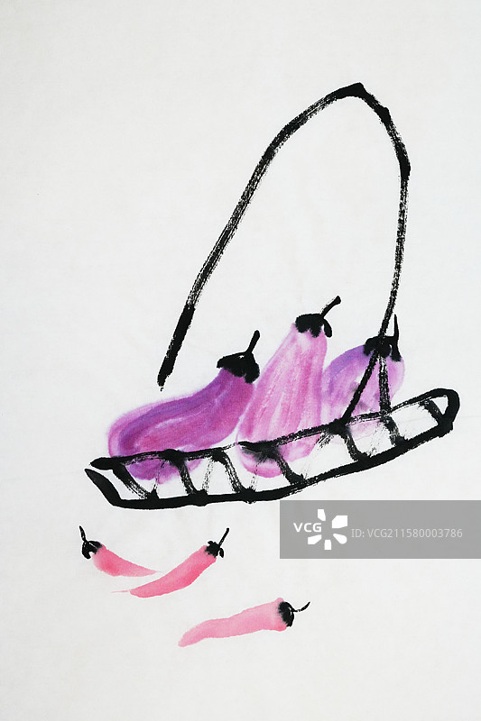 茄子 辣椒 蔬菜 膳食 营养 有机食品 手绘插画齐白石风格中国画图片素材