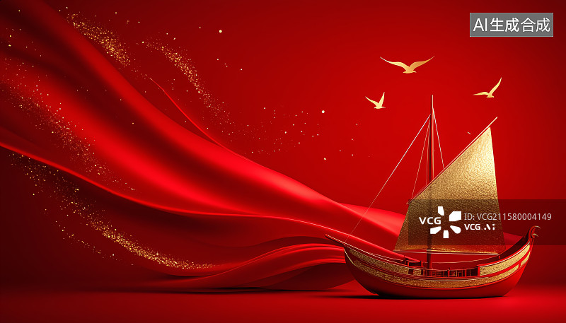【AI数字艺术】红色绸缎飞鸟红船庆典背景党政背景图片素材