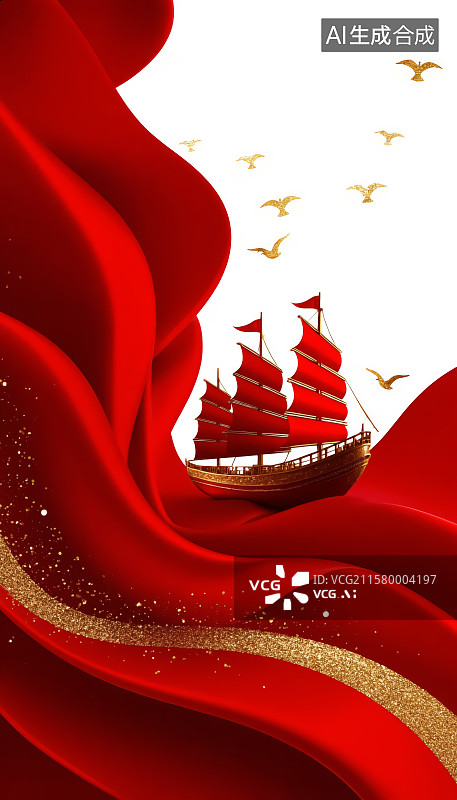 【AI数字艺术】红色绸缎飞鸟红船庆典背景党政背景图片素材
