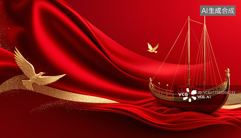 【AI数字艺术】红色绸缎飞鸟红船庆典背景党政背景图片素材