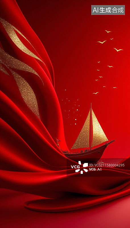 【AI数字艺术】红色绸缎飞鸟红船庆典背景党政背景图片素材