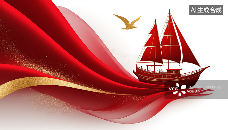 【AI数字艺术】红色绸缎飞鸟红船庆典背景党政背景图片素材