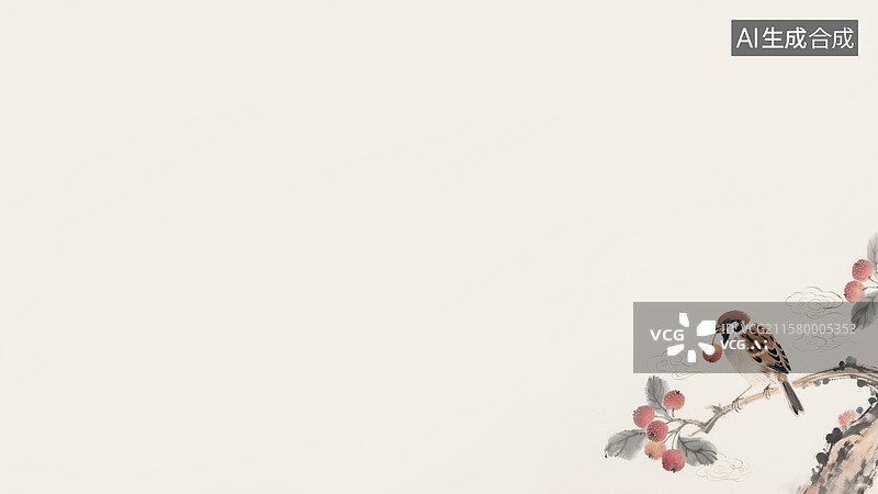 【AI数字艺术】水墨画麻雀站在山楂树上采果背景右下图片素材
