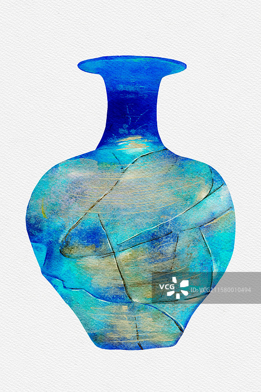 水彩手绘文物北魏蓝色玻璃瓶图片素材