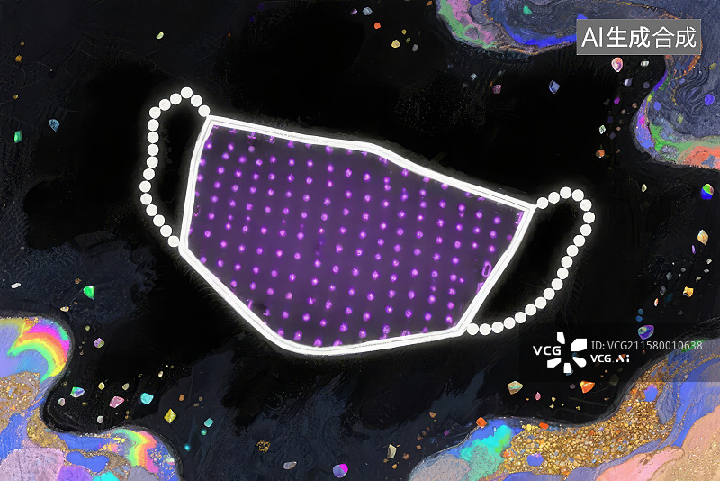 【AI数字艺术】紫色点阵口罩轮廓，黑色背景点缀色彩图片素材