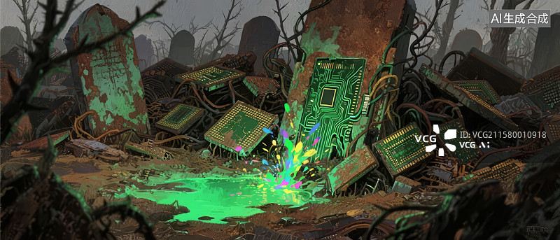 【AI数字艺术】废弃电路板与墓碑的诡异场景图片素材