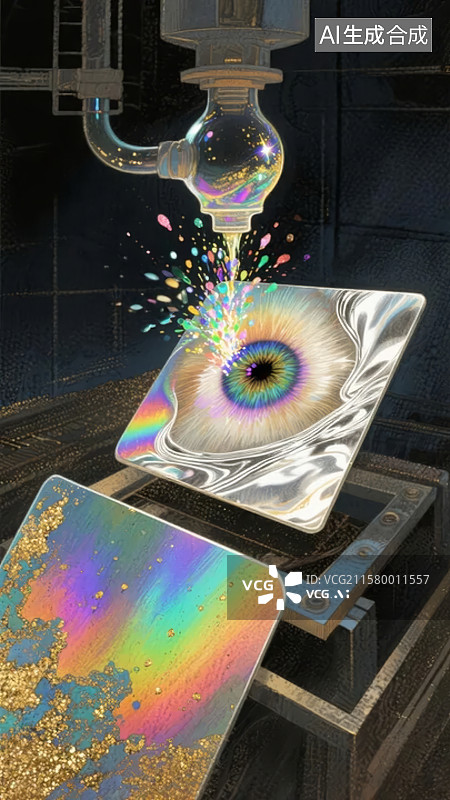 【AI数字艺术】机械滴注，色彩斑斓的液体在金属板上形成眼睛图案图片素材