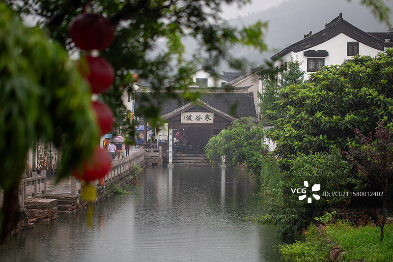 雨中苏州陆巷古村水乡，静谧古建筑与绿植相映图片素材