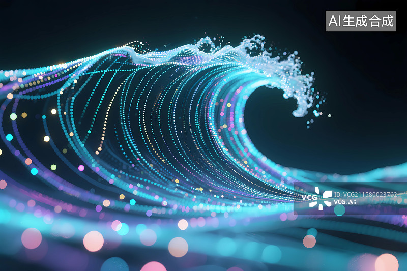 【AI数字艺术】发光光点构成的海浪图片素材