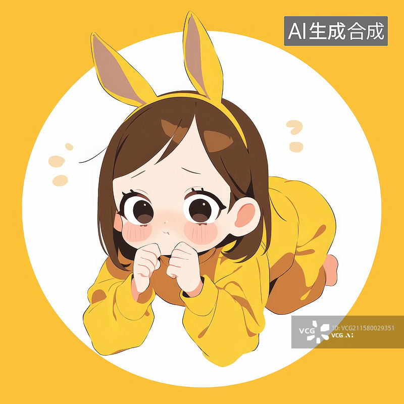 【AI数字艺术】戴兔耳朵的黄色连帽衫小女孩图片素材