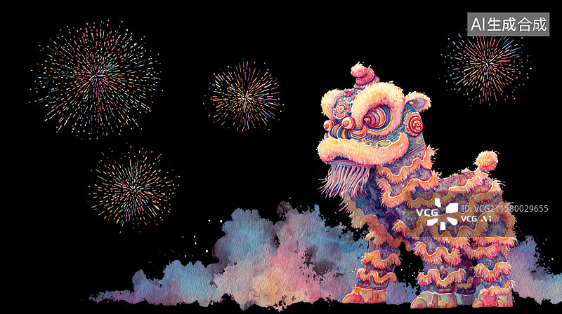 【AI数字艺术】中国舞狮与烟花水彩画图片素材