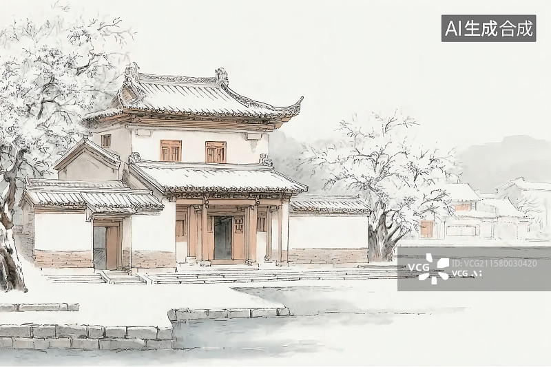 【AI数字艺术】中国画，河边的古代建筑，屋顶的积雪图片素材