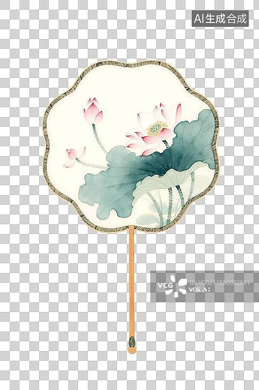 【AI数字艺术】荷花团扇插画元素图片素材