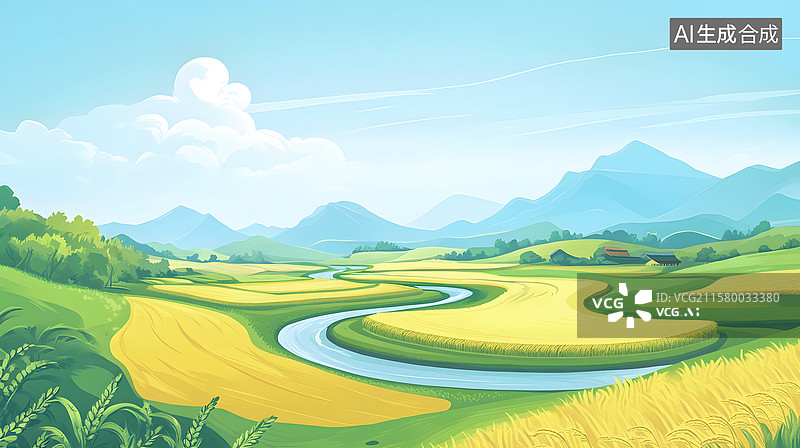 【AI数字艺术】金色稻田和蜿蜒河流的田野风光图片素材