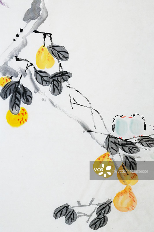 秋天 秋分 果实 成熟 收获 水果 果蔬 鸟 果树 手绘插画齐白石风格中国画图片素材