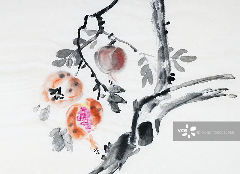 秋天 秋分 果实 成熟 收获 水果 果蔬 鸟 果树 手绘插画齐白石风格中国画图片素材