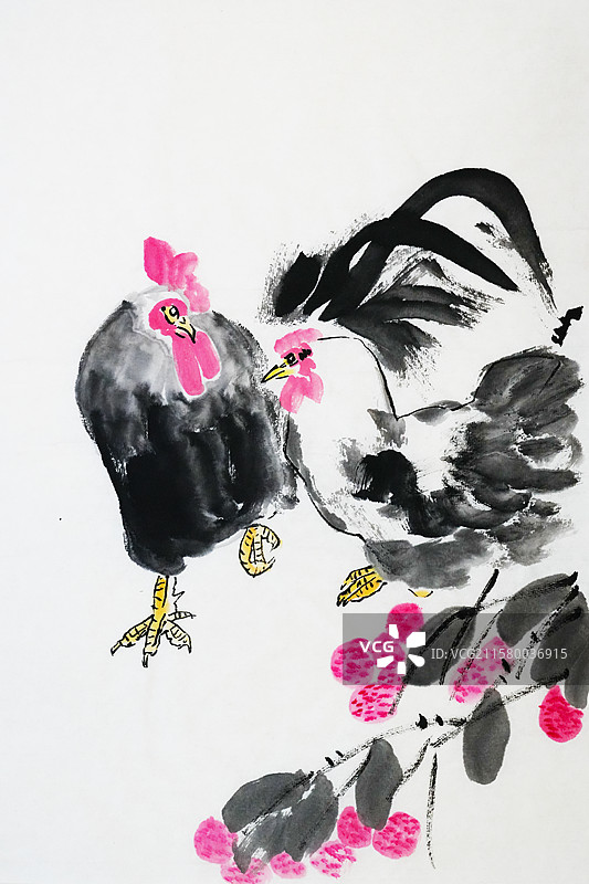 公鸡 荔枝 水果 妃子笑 长安荔枝 手绘插画齐白石风格中国画图片素材