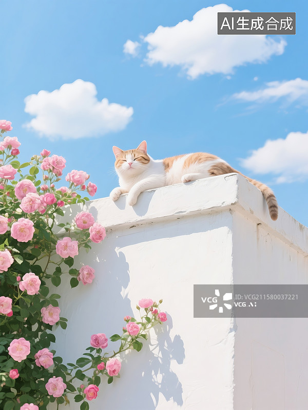 【AI数字艺术】小猫咪趴在白色的墙头上晒太阳，白色的墙上爬满了粉色蔷薇，天上飘着几朵云图片素材