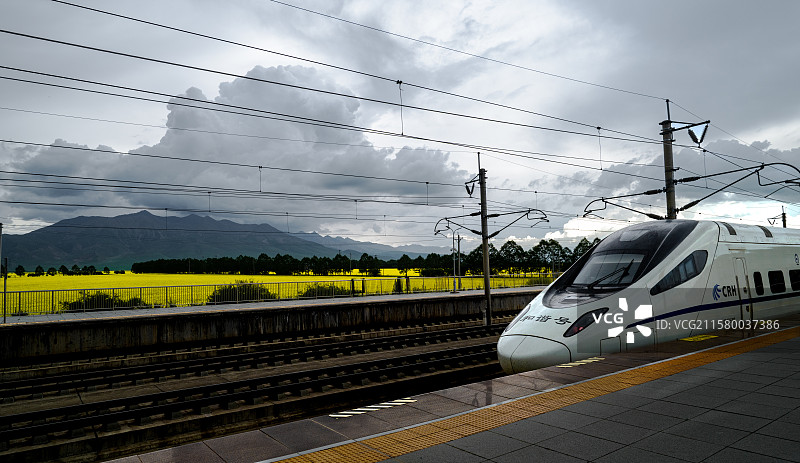 青海门源油菜花田动车站图片素材
