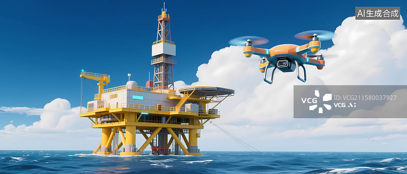 【AI数字艺术】无人机航拍检查海上石油钻井平台工作图片素材