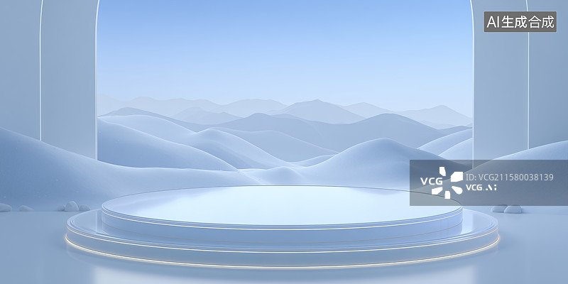 【AI数字艺术】白色产品展台，远方是高山图片素材