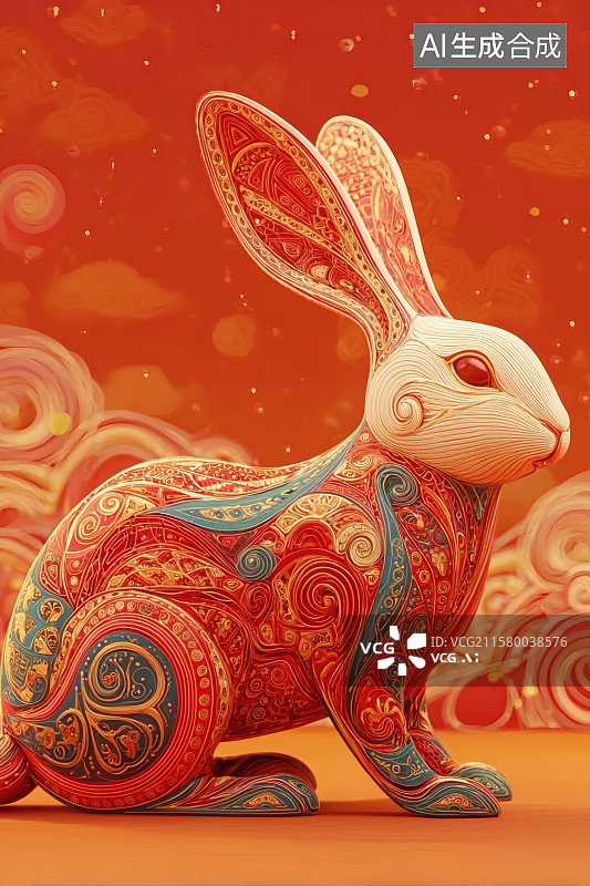 【AI数字艺术】红色背景，竖着耳朵的可爱兔子，兔年大吉图片素材