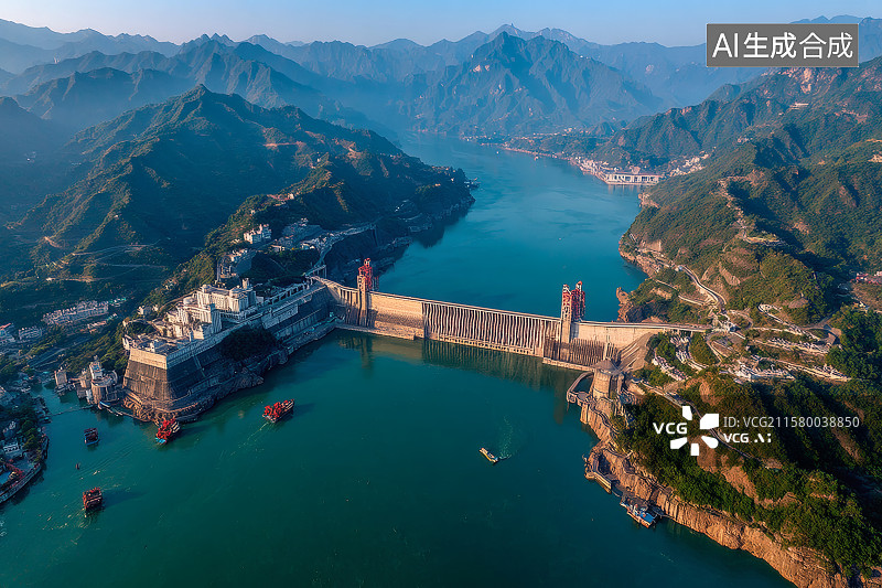 【AI数字艺术】水库上方建造的水利设施，一座水电站大坝图片素材