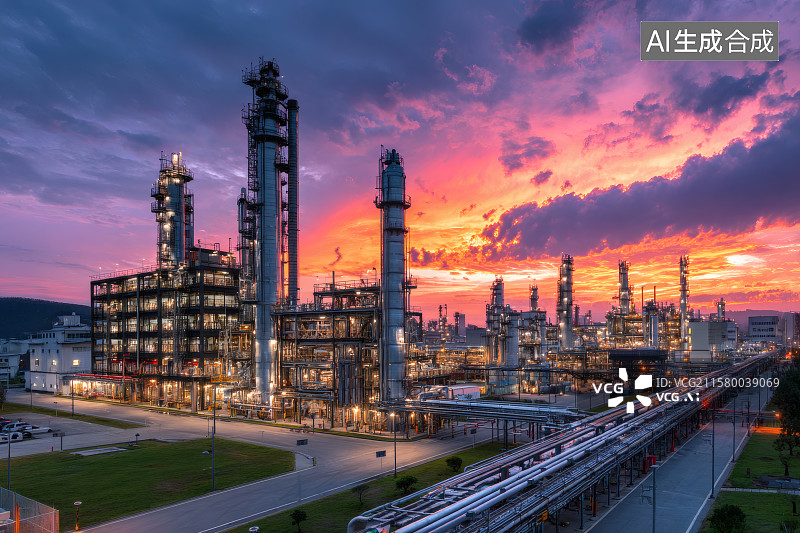 【AI数字艺术】夕阳下的化石精炼厂，烟囱中冒着浓烟图片素材