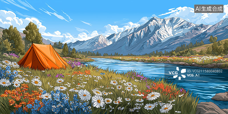 【AI数字艺术】雪山下的户外露营帐篷插画图片素材