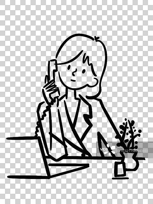 极简风简笔画电脑前打电话的女孩图片素材